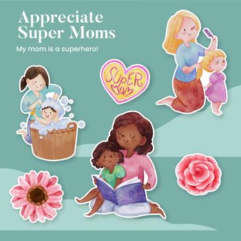 Sticker template with love supermom concept,watercolor style