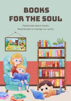 Poster template with world book day concept,watercolor style