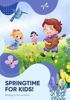 Poster template with children enjoy in spring,watercolor style