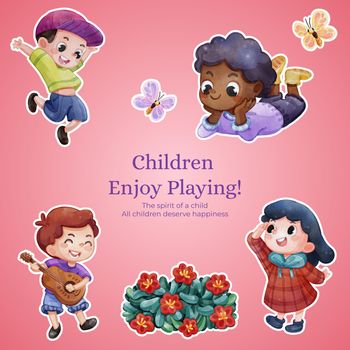 Sticker template with children enjoy in spring,watercolor style