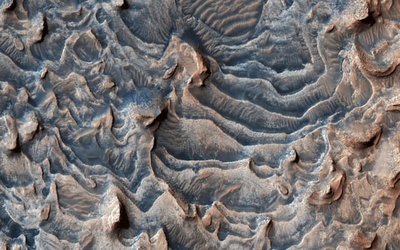 Fantastic martian landscape in rusty orange shades, Mars surface, Desert, Cliffs, sand. Alien landscape. Red planet mars. Elements of image furnished by NASA