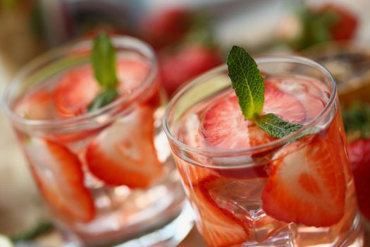 Strawberry punch homemade cooling drink in summer hot weather