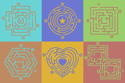 Colorful labyrinth of different shapes cartoon illustration set