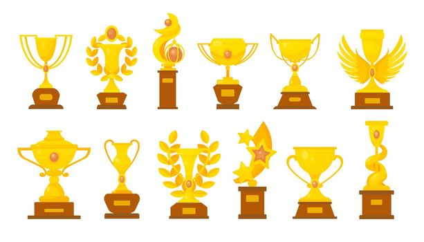 Gold cups for winners vector illustrations set