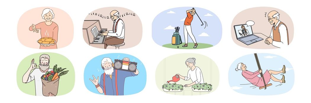 Set of active happy old people have fun relax enjoy maturity years. Collection of smiling energetic senior men and women rest on retirement. Elderly hobby and relaxation. Vector illustration.