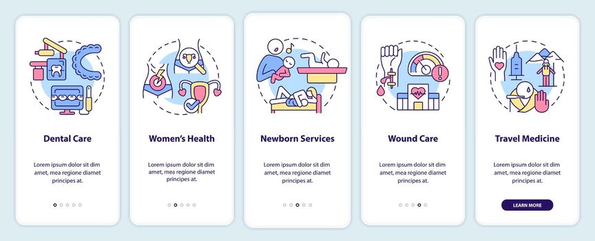 Healthcare services onboarding mobile app screen. Patient care walkthrough 5 steps graphic instructions pages with linear concepts. UI, UX, GUI template. Myriad Pro-Bold, Regular fonts used