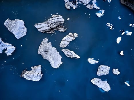 Aerial view of Glacier lagoon in Iceland. icebergs top view