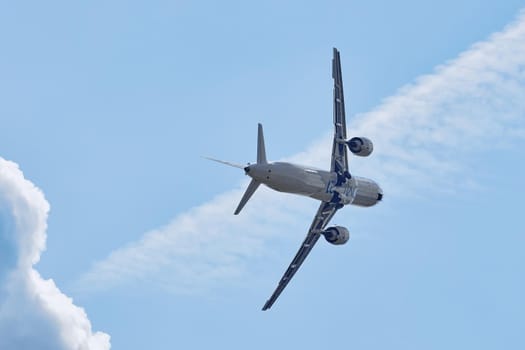 New Russian passenger aircraft MS-21-300 flying prototype of a new Russian civil airliner during test flights on MAKS 2019 airshow. ZHUKOVSKY, RUSSIA, AUGUST 27, 2019