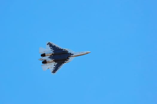 New Russian five generation fighter SU 57, T-50 shows aerial maneuver battle at Moscow International Aviation and Space Salon MAKS 2019. RUSSIA, AUGUST 28, 2019