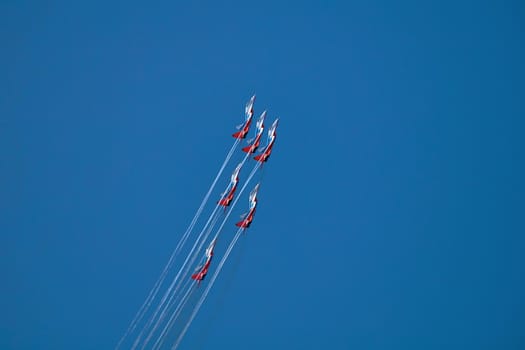 Airshow of the aerobatic team Strizhi - The Swifts. Aerobatic Team on fighters Mig-29, Russian Air Force, on at the International Aviation and Space salon MAKS 2019. ZHUKOVSKY, RUSSIA, 08,27,2019