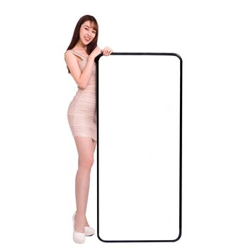 Beautiful young woman standing and Leaning big Smartphone With Blank White Screen