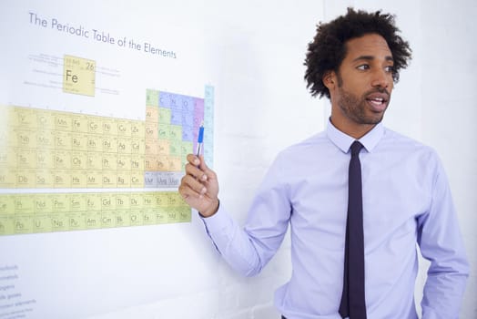 This science teacher knows what hes talking about. Shot of a male science teacher explaining the periodic table.