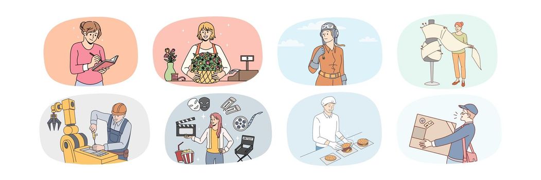 Bundle of man and woman occupations. Set of people works and jobs. Professional daily routine. Pilot and designer. Engineer, actor and deliveryman. Chef and florist. Vector illustration.