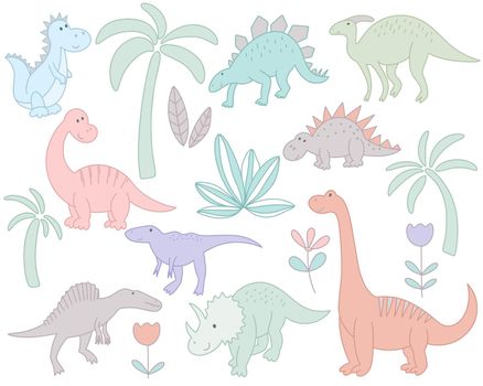 Set funny dinosaurs and plants