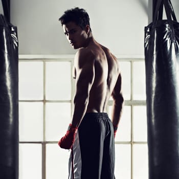 Hes dedicated to the sport of boxing. Portrait of a handsome young boxer standing in the gym.