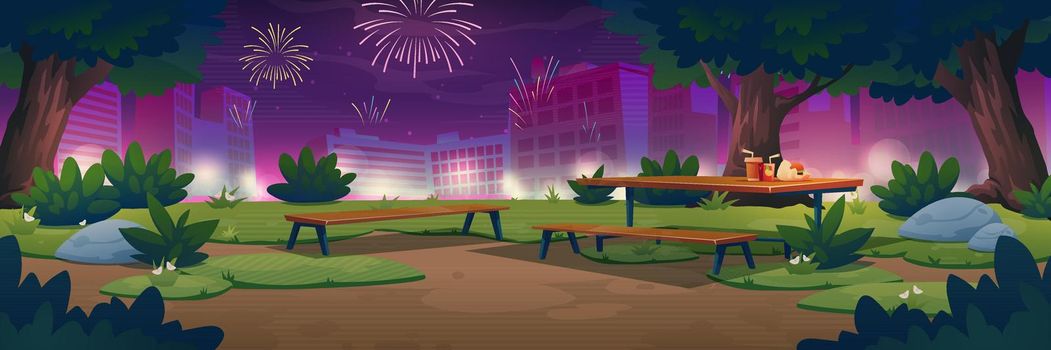 City park with picnic table and fireworks at night