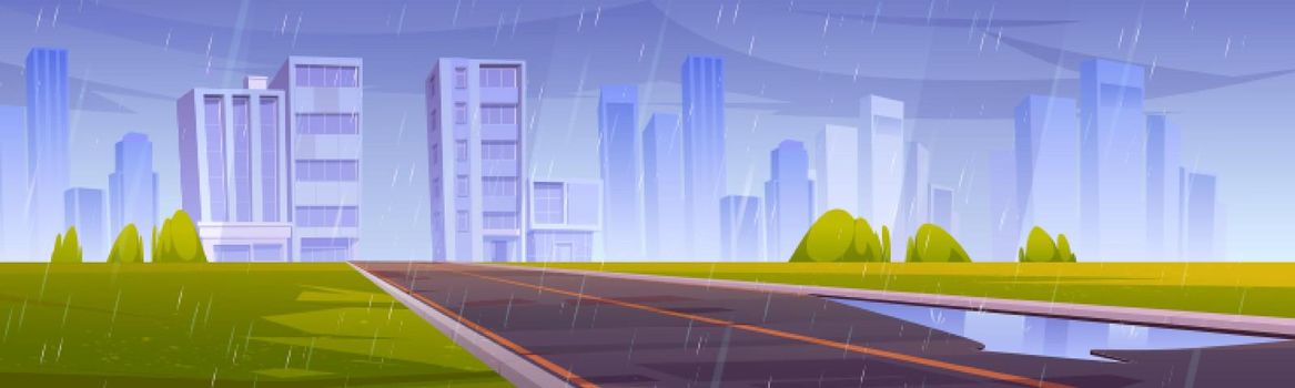 Road, city with buildings and green lawn in rain