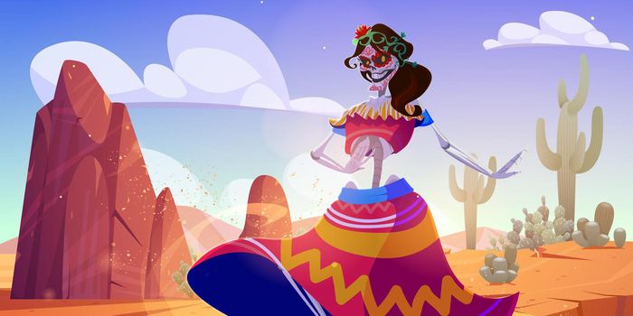 Mexican woman skeleton dance in desert