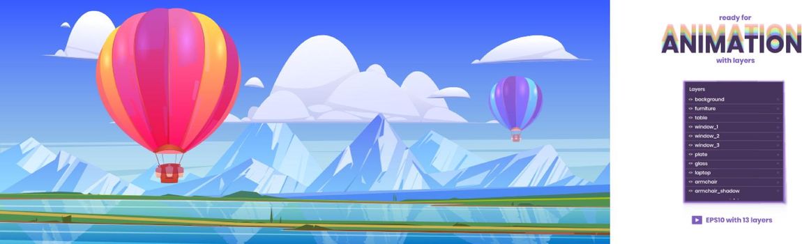 Parallax background with flying hot air balloons