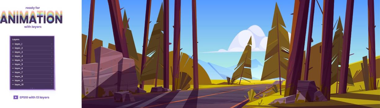 Forest landscape with road and rocks on horizon. Nature scene with asphalt highway, coniferous trees, stones and mountain valley. Vector illustration with layers ready for animation