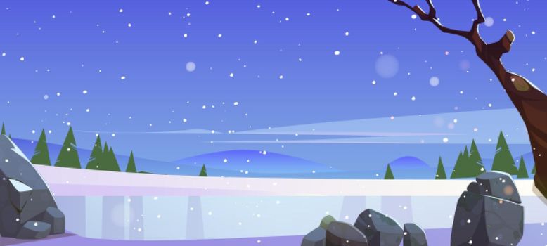 Winter landscape with frozen lake, conifers and hills on horizon. Vector cartoon illustration of nature scene with ice rink, white snow, trees, stones and snowfall