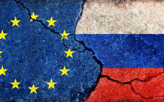 EU vs Russia  (War crisis , Political  conflict). Grunge country flag illustration (cracked concrete background) 