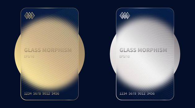 Glass morphism effect. Transparent frosted acrylic bank cards. Gold and silver gradient circles on black blue background. Realistic glassmorphism matte plexiglass shape. Vector