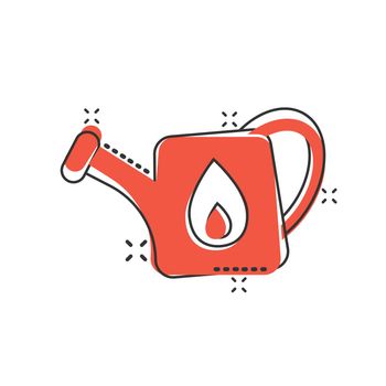 Watering can icon in comic style. Garden tool cartoon vector illustration on white isolated background. Cultivate growth splash effect sign business concept.