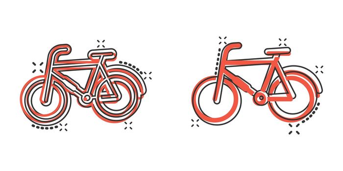 Bicycle icon in comic style. Bike exercise cartoon vector illustration on white isolated background. Fitness exercise splash effect sign business concept.