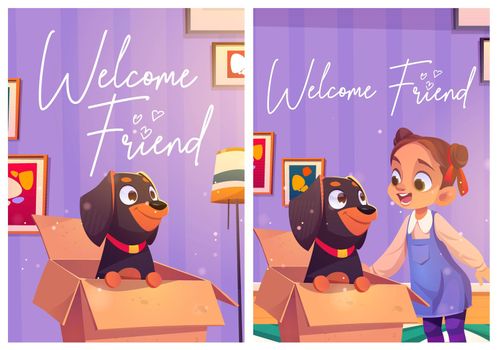 Welcome friend cartoon posters, pets adoption