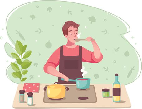 Hobbies background cartoon composition with man tasting soup when cooking making dishes rich as professional vector illustration