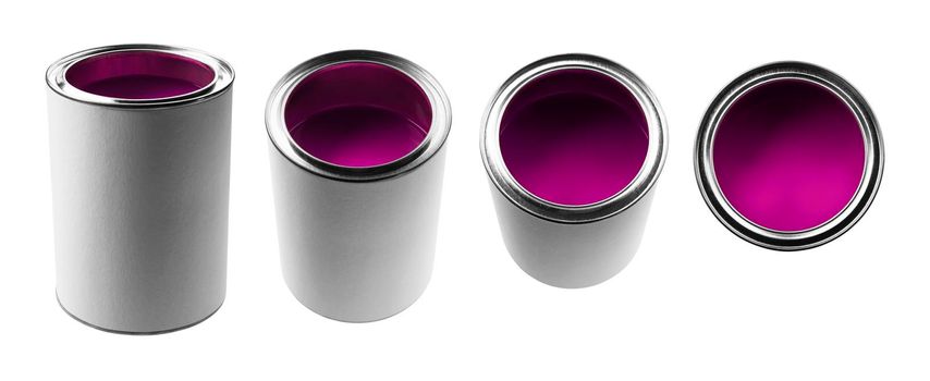 A jar with purple paint in different angles on a white background