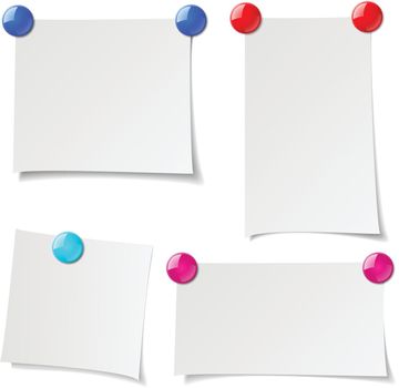 Notes, reminder papers with pin magnet. Vector set