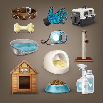 Set of vector items for pets with collar, leash, carrier, toys, plastic and soft house of pet, dog kennel, bowl and bottles isolated on background