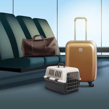 Vector illustration of travel with pet. Plastic carrier and luggage in airport