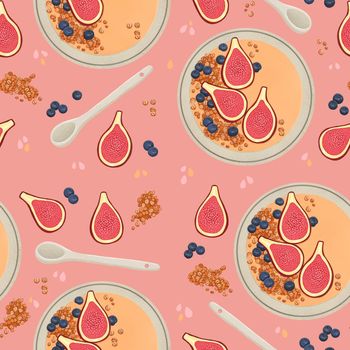 Smoothie bowl seamless pattern with figs, oats
