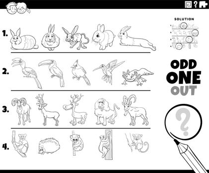 odd one out task with cartoon animal characters coloring book page