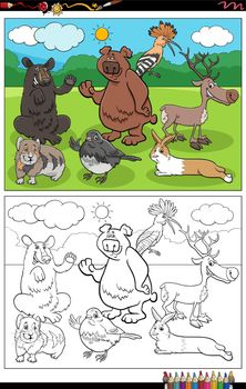cartoon animals funny characters group coloring book page