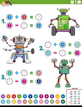 math addition and subtraction task with cartoon robots