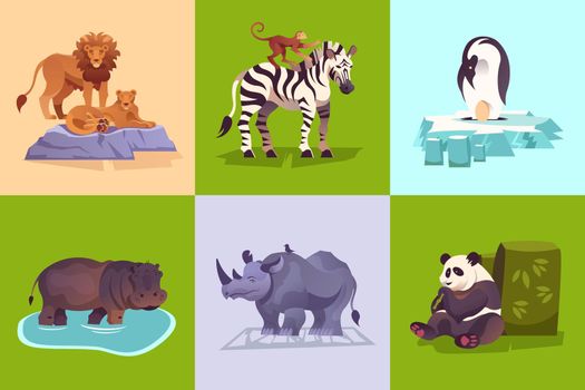 Zoo wild animals concept with penguin lion zebra rhinoceros panda hippo monkey colorful background set vector illustration