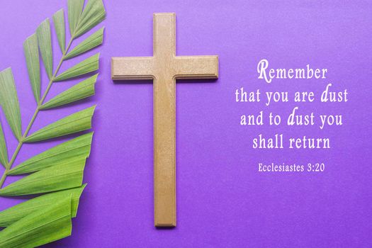 Ash Wednesday Bible Verse. Cross and palm leaves on purple background.