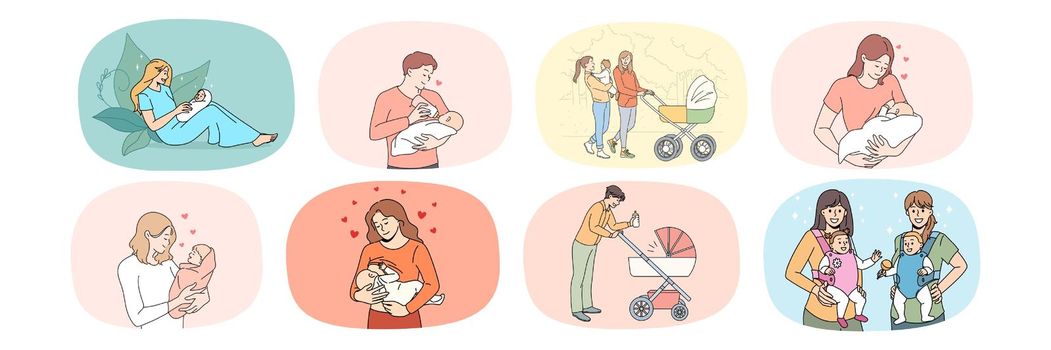 Set of happy young parents with newborn babies enjoy parenthood. Collection of smiling loving moms and dads enjoy time spending with infants. Family growing and motherhood. Vector illustration.
