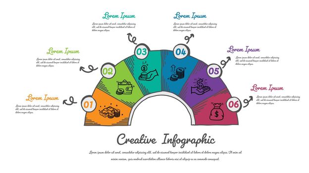 Infographic design elements for your business with 6 options, Vector Hand drawn, Cartoon style.