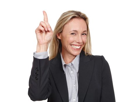 Offering a few suggestions. Cropped studio portrait of an attractive businesswoman pointing up at copyspace.