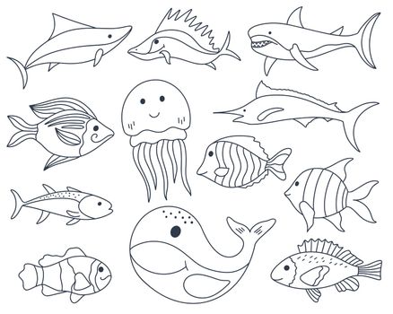 Sea fish doodle set