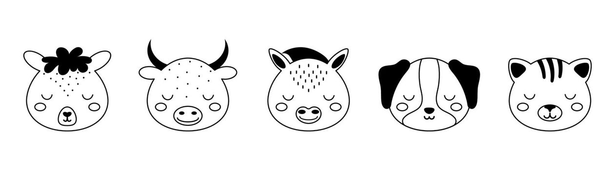 Collection of cartoon animal faces in scandinavian style. Cute animals for kids t-shirts, wear, nursery decoration, greeting cards. Black and white alpaca, bull, donkey, dog, cat.