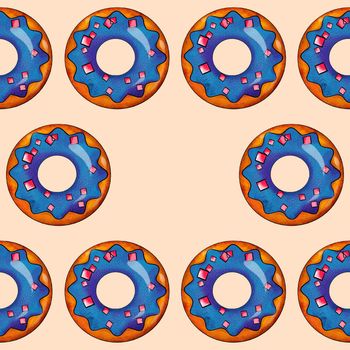 Seamless pattern of blue donuts on a beige background. Confectionery sweets top view.