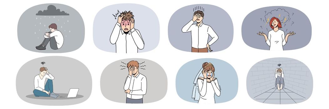 Set of unhappy people suffer from mental or emotional breakdown. Collection of man and woman feel stressed frustrated, have depression or anxiety. Health problem. Vector illustration.