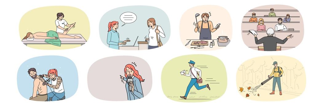Set of diverse people occupations daily routine and lifestyle. Collection of human professions and jobs. Journalist, masseuse and tattoo artist. Postman and chef. Vector illustration.
