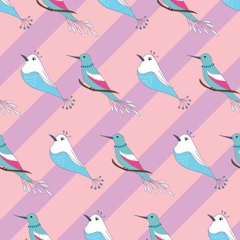 Beautiful abstract birds seamless pattern on pink stripes background